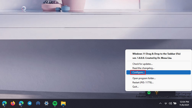 تنظیمات برنامه Windows11DragAndDropToTaskbar