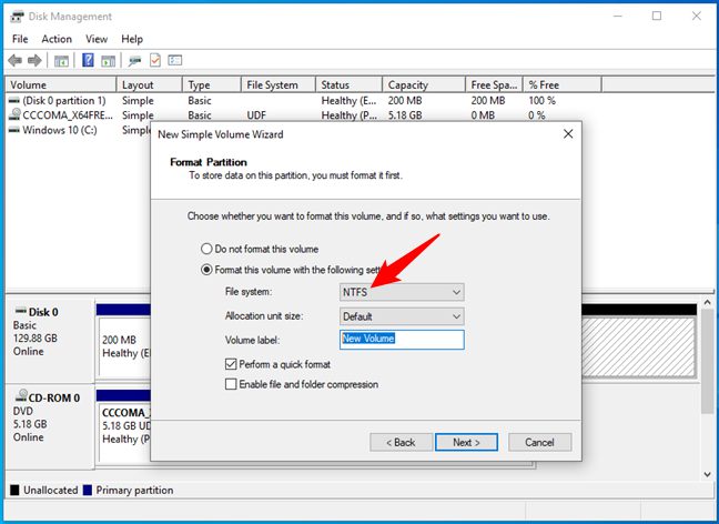 انتخاب فرمت NTFS برای نصب ویندوز 