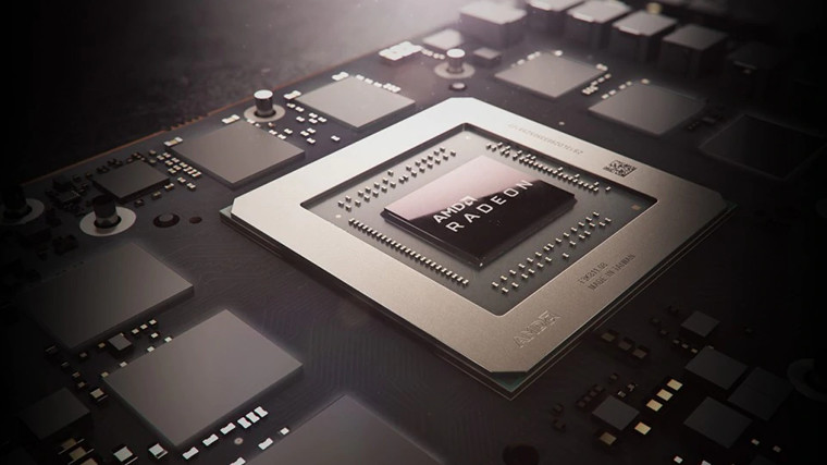 رندر یک PCB Radeon AMD که GPU و تراشه های VRAM مجاور را نشان می دهد